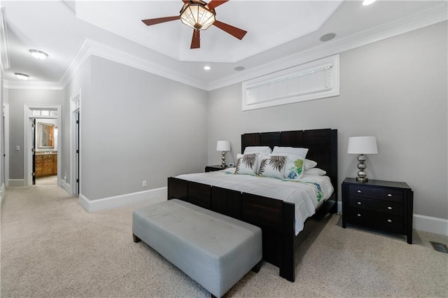 1255 Beech Haven Rd NE, Atlanta, GA 30324 - bedroom with baseboards, crown molding, light colored carpet, recessed lighting, and a ceiling fan