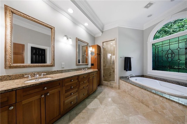 1255 Beech Haven Rd NE, Atlanta, GA 30324 - full bath with a garden tub, crown molding, a shower stall, double vanity, and recessed lighting
