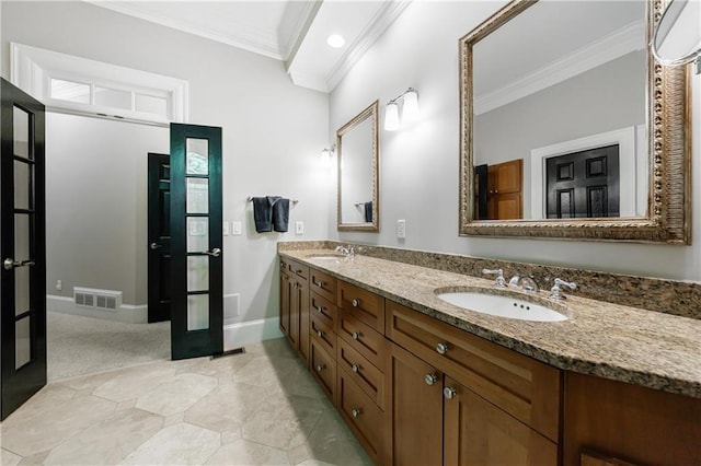 1255 Beech Haven Rd NE, Atlanta, GA 30324 - full bathroom with ornamental molding, french doors, double vanity, baseboards, and recessed lighting