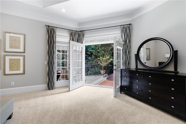 1255 Beech Haven Rd NE, Atlanta, GA 30324 - unfurnished bedroom featuring access to exterior, carpet floors, crown molding, baseboards, and french doors