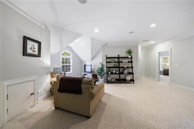 1255 Beech Haven Rd NE, Atlanta, GA 30324 - living area featuring crown molding, light carpet, baseboards, recessed lighting, and lofted ceiling