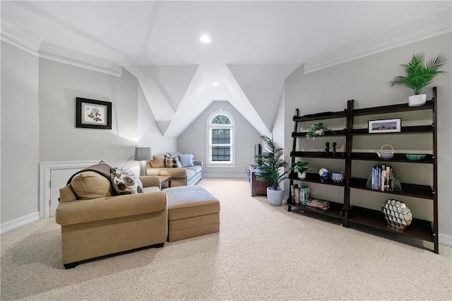 1255 Beech Haven Rd NE, Atlanta, GA 30324 - living area featuring carpet flooring, baseboards, crown molding, recessed lighting, and lofted ceiling