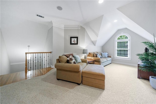 1255 Beech Haven Rd NE, Atlanta, GA 30324 - carpeted living room featuring vaulted ceiling, baseboards, and recessed lighting