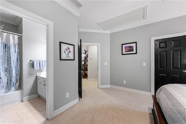 1255 Beech Haven Rd NE, Atlanta, GA 30324 - bedroom featuring attic access, ornamental molding, baseboards, and ensuite bath