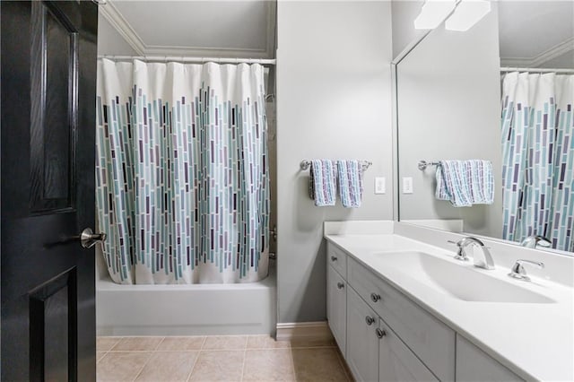 1255 Beech Haven Rd NE, Atlanta, GA 30324 - full bath with crown molding, shower / bathtub combination with curtain, vanity, tile patterned floors, and baseboards