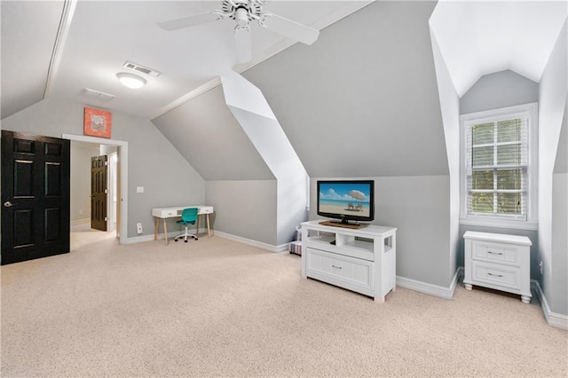 1255 Beech Haven Rd NE, Atlanta, GA 30324 - rec room featuring vaulted ceiling, carpet floors, a ceiling fan, and baseboards