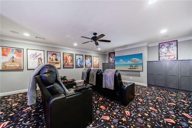 1255 Beech Haven Rd NE, Atlanta, GA 30324 - carpeted cinema featuring crown molding, baseboards, a ceiling fan, and recessed lighting