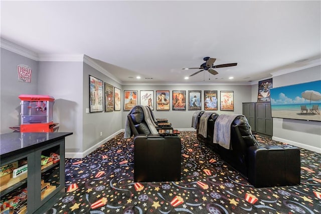 1255 Beech Haven Rd NE, Atlanta, GA 30324 - carpeted cinema room featuring ceiling fan, baseboards, crown molding, and recessed lighting