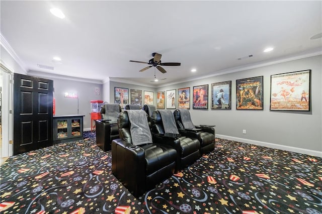 1255 Beech Haven Rd NE, Atlanta, GA 30324 - carpeted cinema featuring baseboards, a ceiling fan, crown molding, and recessed lighting