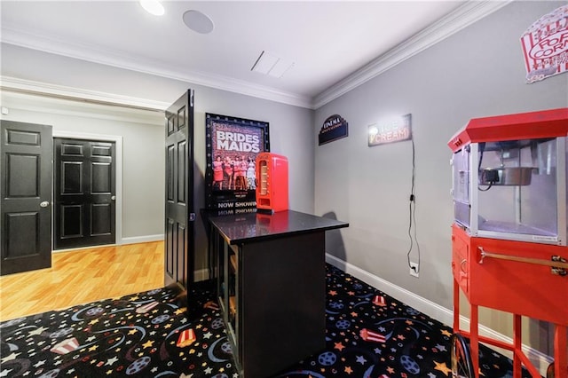 1255 Beech Haven Rd NE, Atlanta, GA 30324 - office area featuring a dry bar, ornamental molding, wood finished floors, and baseboards