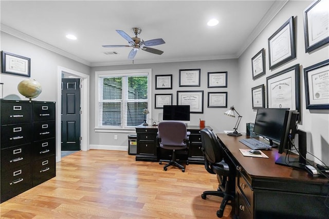1255 Beech Haven Rd NE, Atlanta, GA 30324 - office featuring ceiling fan, ornamental molding, light wood-style flooring, recessed lighting, and baseboards