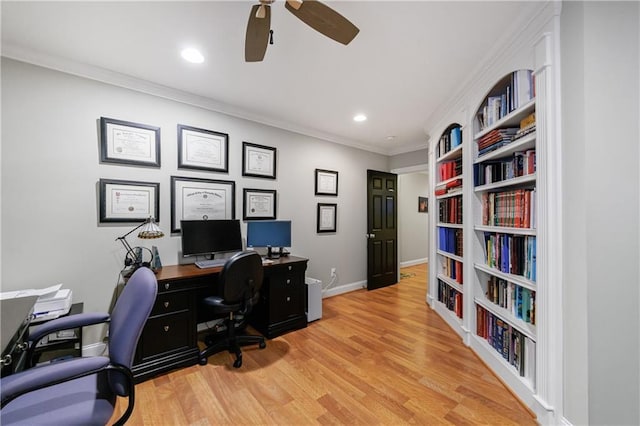 1255 Beech Haven Rd NE, Atlanta, GA 30324 - office area with ceiling fan, light wood finished floors, ornamental molding, recessed lighting, and baseboards