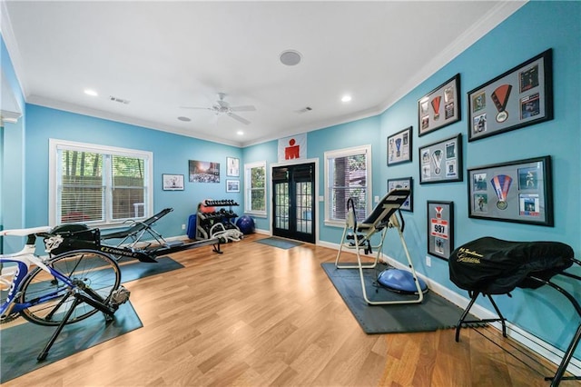 1255 Beech Haven Rd NE, Atlanta, GA 30324 - exercise area with crown molding, french doors, recessed lighting, wood finished floors, and ceiling fan
