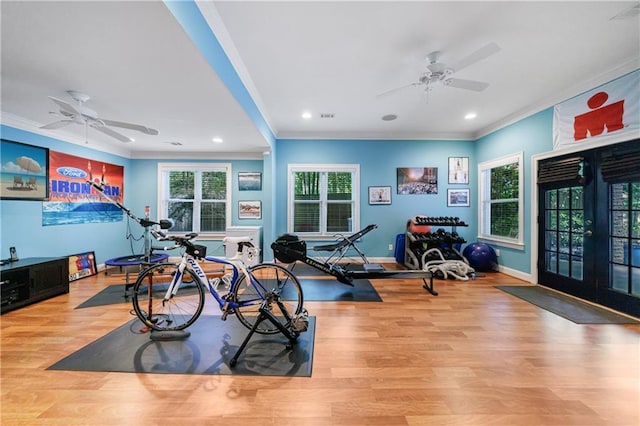 1255 Beech Haven Rd NE, Atlanta, GA 30324 - workout room with a ceiling fan, ornamental molding, french doors, wood finished floors, and recessed lighting