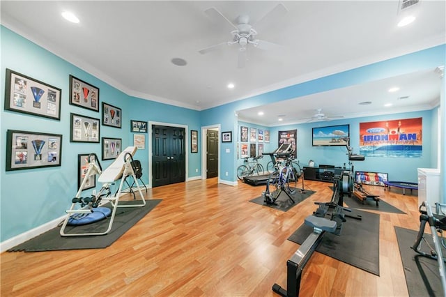 1255 Beech Haven Rd NE, Atlanta, GA 30324 - workout room featuring ceiling fan, ornamental molding, wood finished floors, recessed lighting, and baseboards