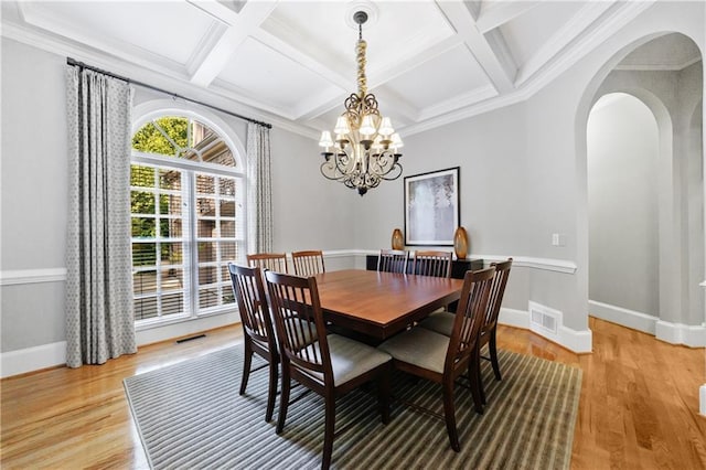 1255 Beech Haven Rd NE, Atlanta, GA 30324 - dining area featuring arched walkways, a chandelier, coffered ceiling, light wood-style floors, and beamed ceiling