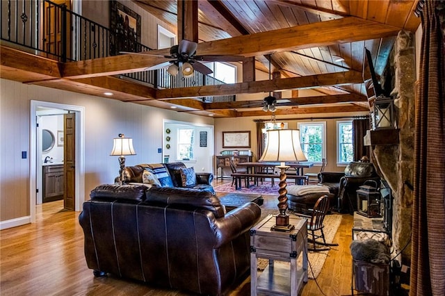 living room featuring wood ceiling, high vaulted ceiling, light wood-type flooring, beamed ceiling, and ceiling fan