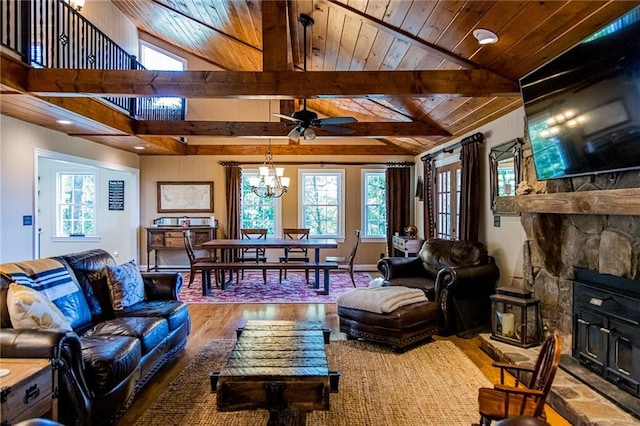 living room featuring wood ceiling, ceiling fan with notable chandelier, lofted ceiling with beams, and hardwood / wood-style floors