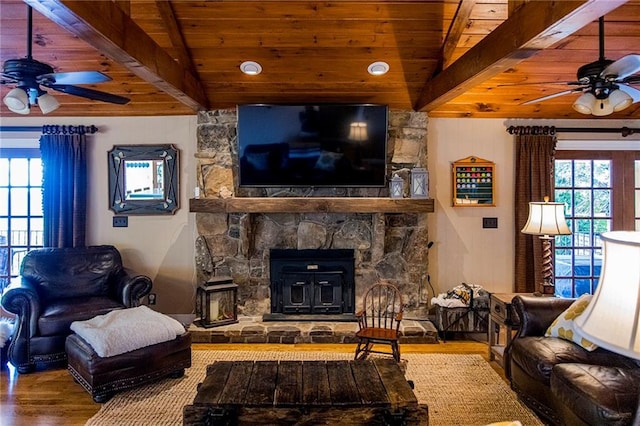 living room featuring hardwood / wood-style floors, wood ceiling, lofted ceiling with beams, and ceiling fan