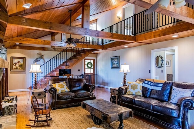 living room featuring beamed ceiling, wood-type flooring, and wooden ceiling