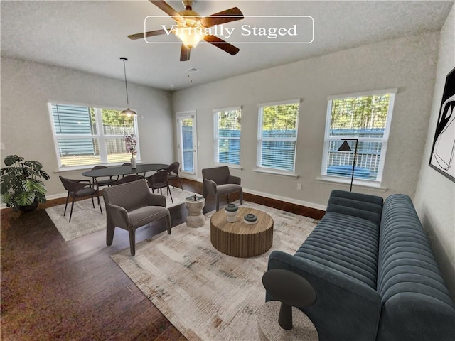 living room with ceiling fan and hardwood / wood-style flooring