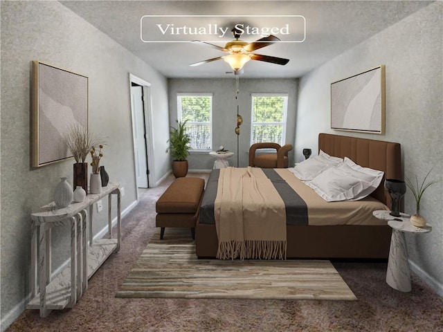 carpeted bedroom featuring ceiling fan