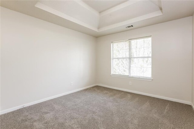 empty room with carpet and a tray ceiling