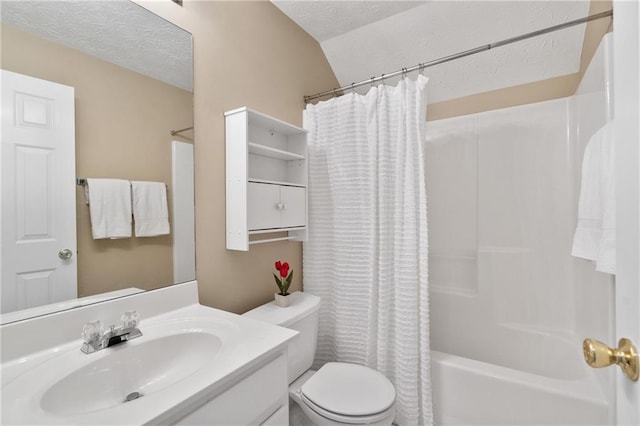 bathroom featuring toilet, vanity, a textured ceiling, and shower / bath combo with shower curtain