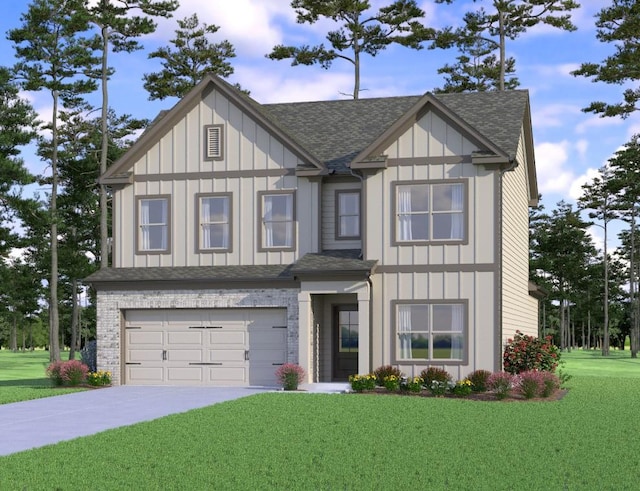 tudor home featuring board and batten siding, roof with shingles, and a front yard