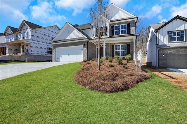 view of front of property with a garage, brick siding, concrete driveway, and a front yard