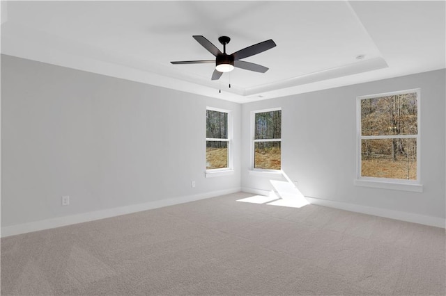 unfurnished room featuring carpet floors, a raised ceiling, a healthy amount of sunlight, and baseboards