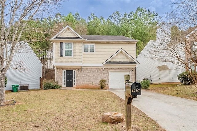 view of front of home featuring driveway, a garage, central AC unit, a front lawn, and brick siding