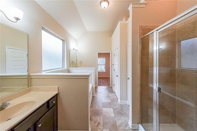 bathroom with vanity and walk in shower