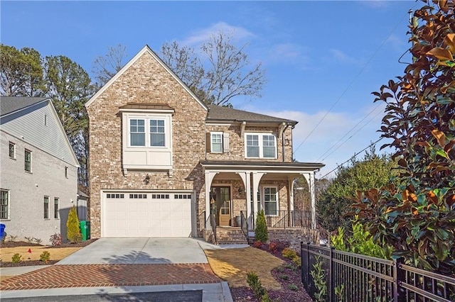 traditional home with driveway, an attached garage, fence, a porch, and brick siding