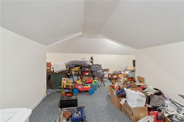 playroom featuring vaulted ceiling, carpet floors, and a textured ceiling