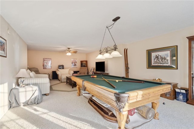 game room featuring pool table, carpet, and a ceiling fan