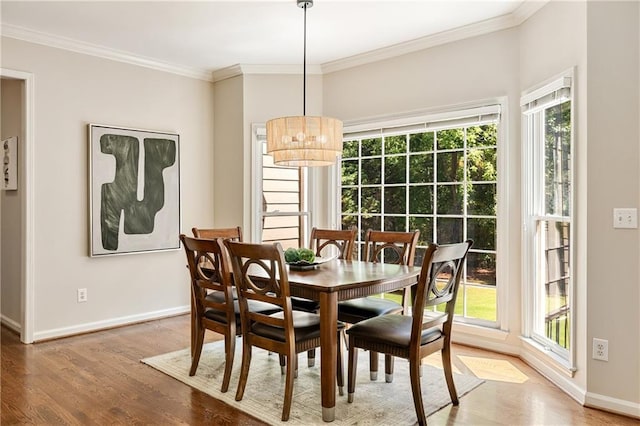 dining room with wood finished floors, baseboards, healthy amount of natural light, ornamental molding, and a chandelier