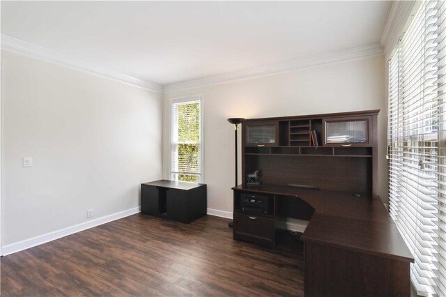 5073 Kingsbridge Pass, Powder Springs, GA 30127 - office area with baseboards, dark wood-style floors, and crown molding