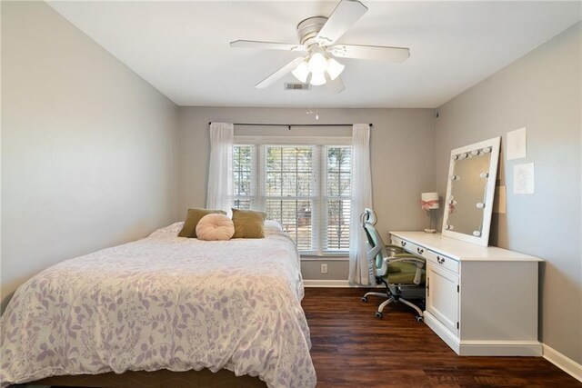 5073 Kingsbridge Pass, Powder Springs, GA 30127 - bedroom with baseboards, visible vents, ceiling fan, and dark wood finished floors
