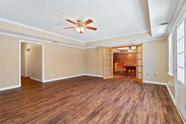 5073 Kingsbridge Pass, Powder Springs, GA 30127 - unfurnished living room with visible vents, a ceiling fan, french doors, dark wood-type flooring, and baseboards