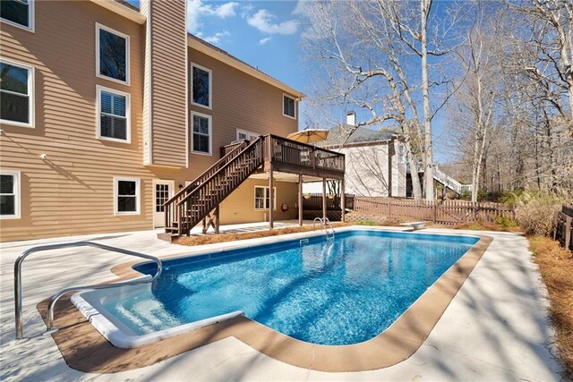 5073 Kingsbridge Pass, Powder Springs, GA 30127 - view of pool with a deck, fence, a patio, a fenced in pool, and stairs