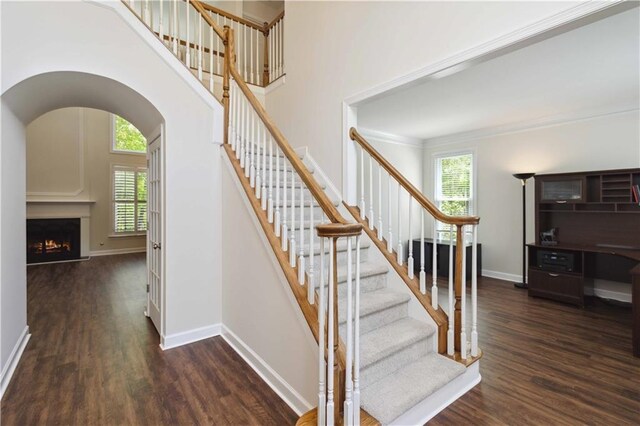 5073 Kingsbridge Pass, Powder Springs, GA 30127 - stairway with baseboards, wood finished floors, and a healthy amount of sunlight