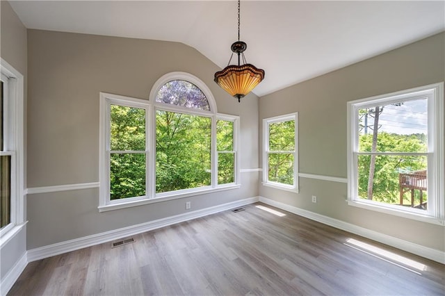empty room featuring baseboards, vaulted ceiling, and a healthy amount of sunlight