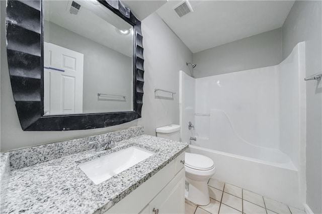 full bathroom with visible vents, toilet, shower / bath combination, tile patterned floors, and vanity