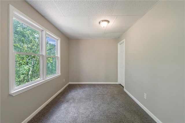 carpeted empty room with a drop ceiling and baseboards