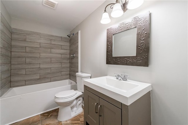 full bath with a chandelier, toilet, shower / bathtub combination, vanity, and visible vents