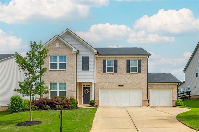 5025 Bryce Ln, Cumming, GA 30040 - view of front facade with brick siding, concrete driveway, a front lawn, and a garage