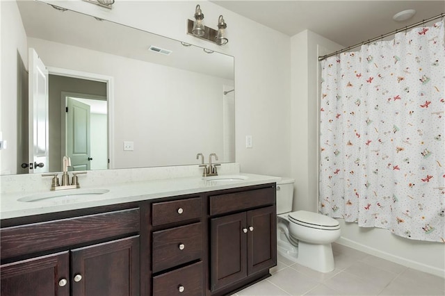 5025 Bryce Ln, Cumming, GA 30040 - bathroom with tile patterned floors, toilet, double vanity, and shower / tub combo with curtain