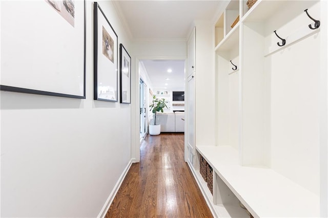 1329 W Nancy Creek Dr NE, Brookhaven, GA 30319 - mudroom featuring crown molding and dark wood-style flooring