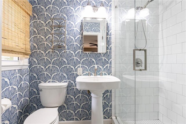 1329 W Nancy Creek Dr NE, Brookhaven, GA 30319 - full bath with wallpapered walls, a stall shower, and toilet